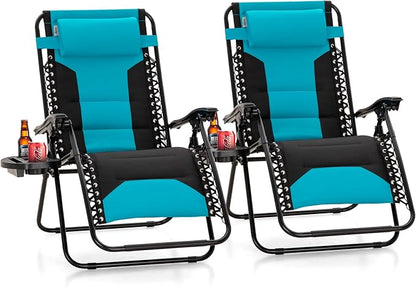 Sophia & William Oversized Zero Gravity Chair Set of 2 Padded, Folding Lounge Chair with Wide Armrest and Cup Holder, Support 400 LBS, Aqua Blue