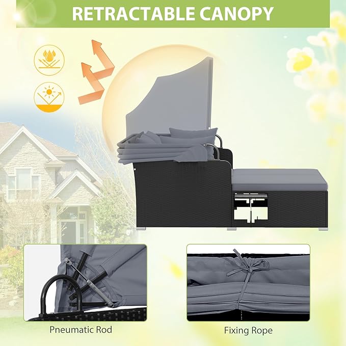 ORALNER Outdoor Daybed, 2-Person Wicker Patio Sofa with Retractable Canopy, Cushions & Pillows, 2 Side Trays - Photo 3