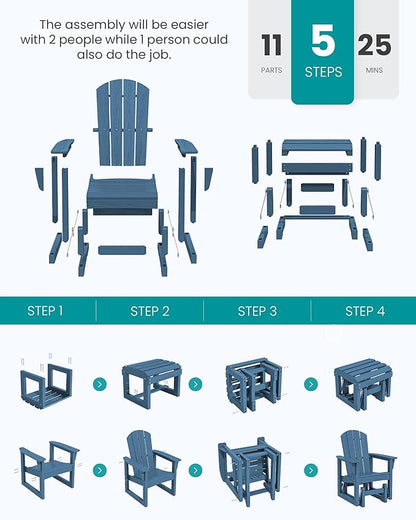 SERWALL Outdoor Glider Chair Set of 4 with Ottoman, HDPE Wood-Like Patio Glider Set All-Weather Porch Glider for Outside, Blue