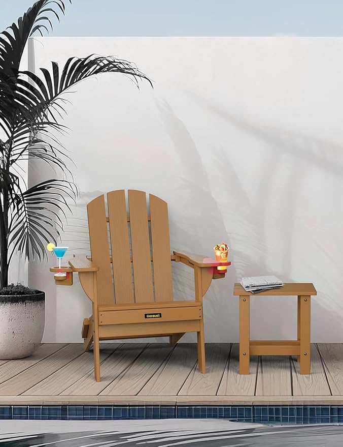 Folding Adirondack Chair Set of 2, Wooden Textured Plastic Adirondack Chairs with 2 Cup Holder - Photo 5