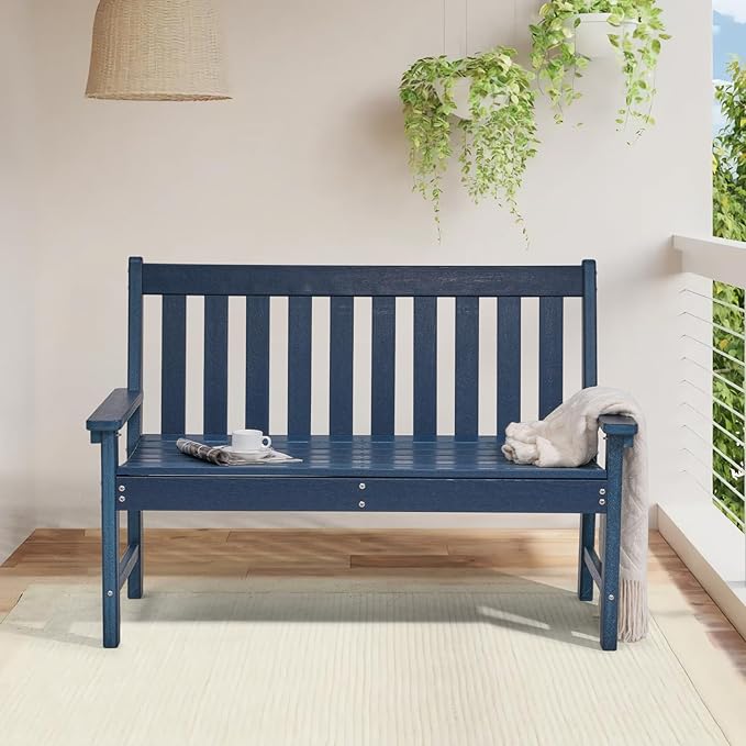 COBANA Outdoor Garden Bench, All Weather HDPE Patio Porch Bench with Faux Wood Grain Pattern, 2-Person Seat for Lawn, Park, Backyard, Entryway, Navy Blue