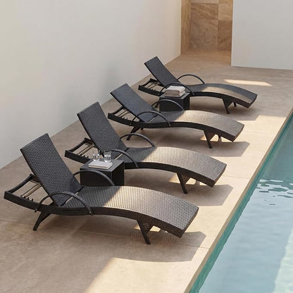 Set of 4 Dark Brown Outdoor Chaise Lounge Chairs, Wicker Patio Lounge Chairs with Adjustable Backrest and Armrests, Durable PE Rattan Pool Chair for Patio, Poolside and Garden
