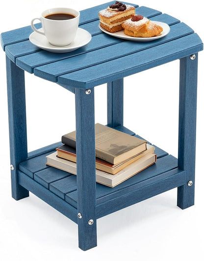 Adirondack Small Outdoor Side Table - Weatherproof HDPE Patio End Table with 2-Tier Storage for Firepit, Balcony, Garden, Poolside or Bathroom (Blue, Set of 1)