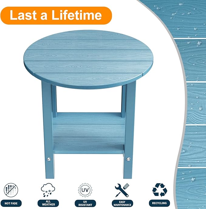 MXIMU Round Outdoor Side Table Adirondack Tables 18 Inch Chairside End Tables with Storage Shelf, 2-Tier Plastic Patio Side Table for Balcony Backyard Lawn (Blue, 1 Pack)