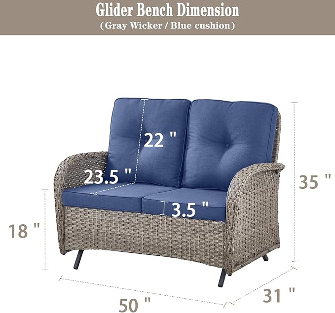 Belord Outdoor Glider Bench Patio Loveseat - 500 Lbs Weight Capacity 2 Seater Wicker Sofa, Small Porch Glider Furniture All Weather Rattan Couch with Removble Cushion for Balcony Backyard Gray/Blue