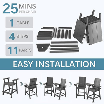 Tall Adirondack Chair Set of 2, HDPE Balcony Chairs with Connecting Tray, Two Cup Holders, All-Weather Adirondack Bar Stools for Patio, Balcony, Backyard, Poolside, Grey