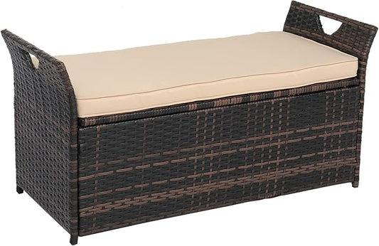Outvita 40 Gallon Outdoor Storage Box, Patio Rattan Storage Bench with Cushion for Backyard, Balcony, Poolside, Garden, Brown