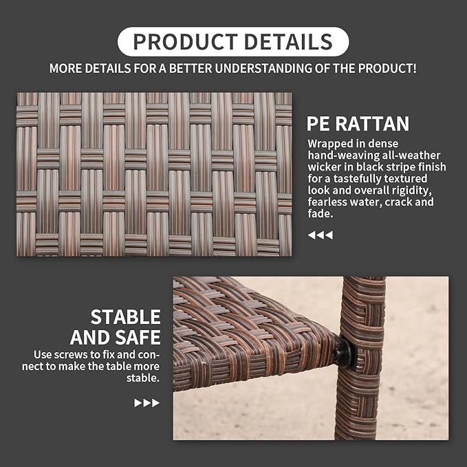 Outdoor Wicker Patio Rattan Garden Coffee End Square Table with Glass Top 2-layer Furniture (Brown)