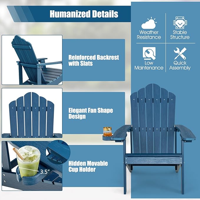 Giantex Outdoor Adirondack Chair - Oversized Patio Chairs w/Hidden Cup Holder, Realistic Wood Grain, 380 LBS Weight Capacity, Weather Resistant Firepit Chairs for Backyard, Garden (1, Navy)