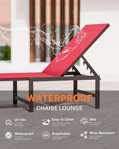 Chaise Lounge Chair Outdoor,Aluminum Patio Lounge Chairs Set of 2,Pool Lounge Chairs with 5 Adjustable Backrest and Headrest Pillows for Outside Beach，Red
