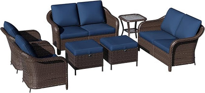 7 Piece Patio Wicker Conversation Set, 2 All-Weather Use Outdoor Wicker Loveseat with 2 PE Rattan Ottomans,2 Chair, 1 Side Table, Ideal for Porch, Backyard, Balcony, Poolside, Blue