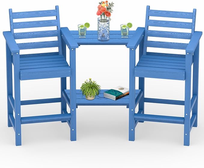 PLUUV Tall Adirondack Chairs Set of 2, All Weather HDPE Poly Bar Height Balcony Adirondack Chair with Removable Double Connecting Trays, Outdoor Adirondack Barstools for Deck, Patio, Yard, Pool, Lawn