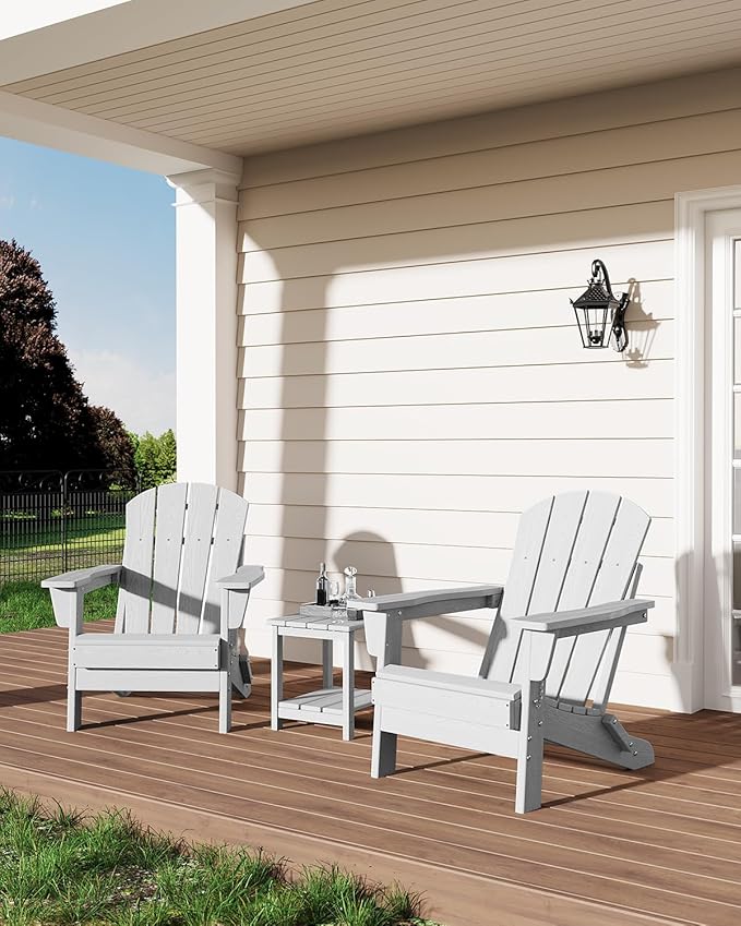 Modern HDPE Plastic Adirondack Chair Set of 2 with Side Table - Oversize 380 LB Poly Lumber Weather Resistant Firepit Chair - Outdoor Patio Chairs with Wooden Textured for Deck, Pool, Porch - White