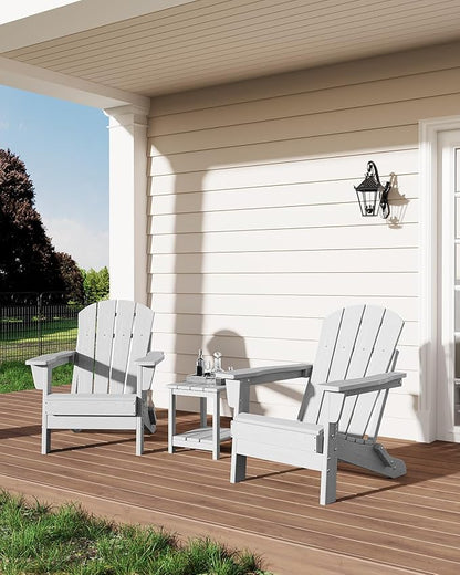 Modern HDPE Plastic Adirondack Chair Set of 2 with Side Table - Oversize 380 LB Poly Lumber Weather Resistant Firepit Chair - Outdoor Patio Chairs with Wooden Textured for Deck, Pool, Porch - White