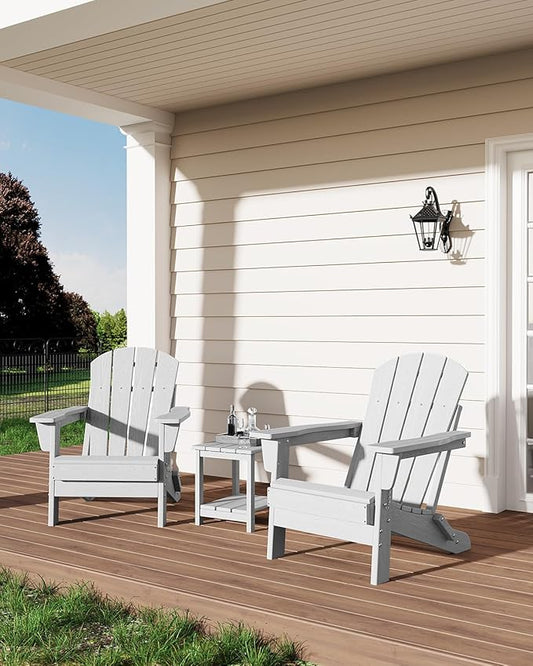 Modern HDPE Plastic Adirondack Chair Set of 2 with Side Table - Oversize 380 LB Poly Lumber Weather Resistant Firepit Chair - Outdoor Patio Chairs with Wooden Textured for Deck, Pool, Porch - White
