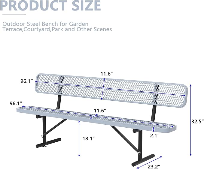 96" Metal Park Benches for Outside - Gray Outdoor Benches Heavy Duty Garden Weatherproof Bench with Backrest, Buddy Bench for Schools,Commercial Benches for Shopping Mall, Store, Yard, Patio