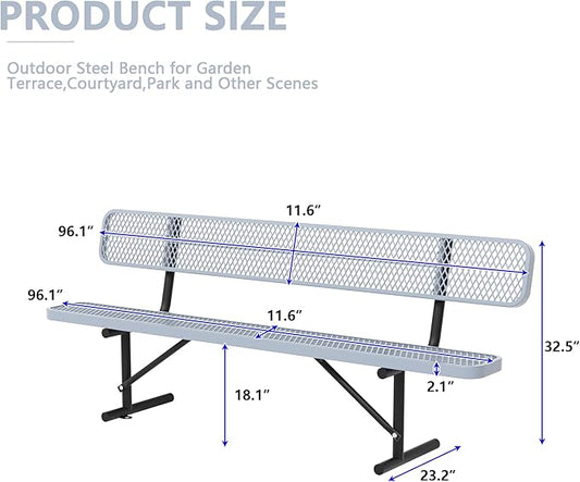 96" Metal Park Benches for Outside - Gray Outdoor Benches Heavy Duty Garden Weatherproof Bench with Backrest, Buddy Bench for Schools,Commercial Benches for Shopping Mall, Store, Yard, Patio
