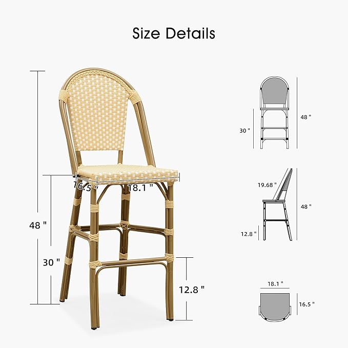 PURPLE LEAF French Bar Stool Set of 2 Bamboo Print Finish Patio Bar Stools with Back Rattan Bar Chairs Wicker Bar - Photo 6
