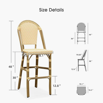 PURPLE LEAF French Bar Stool Set of 2 Bamboo Print Finish Patio Bar Stools with Back Rattan Bar Chairs Wicker Bar Height Stool 30" with Footrest Kitchen Island Stools Outdoor Barstool Cream Yellow