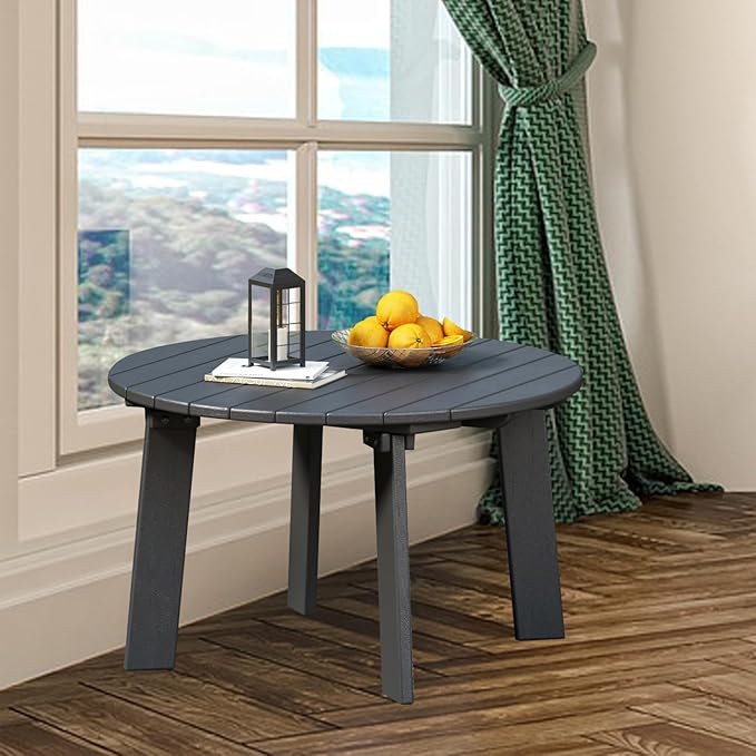 Outdoor Round Coffee Table, Adirondack Patio Coffee Table, Outdoor Large Side Table for Balcony Lawn (Grey)