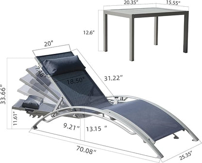Domi Pool Lounge Chair Set of 3, Outdoor Chaise Lounge with Side Table, Adjustable Garden Aluminum Reclining Chair for Pool Beach Sunbathing Chair (Blue)