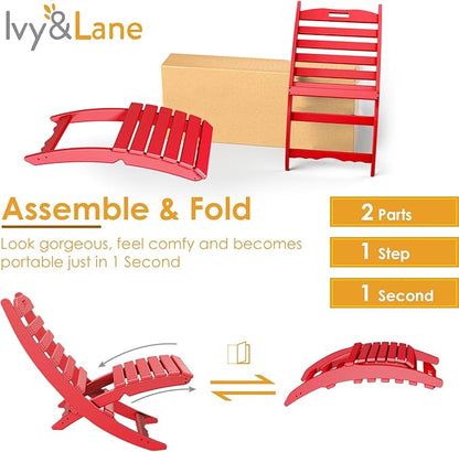 IVY&LANE Portable Xavier-Chairs Set of 2 | Folding-Adirondack-Chair | Wave | HDPE Plastic | Limited Edition | Red | All-Weather Resistant | for Outdoor Fire-Pit Patio Lawn Beach Poolside