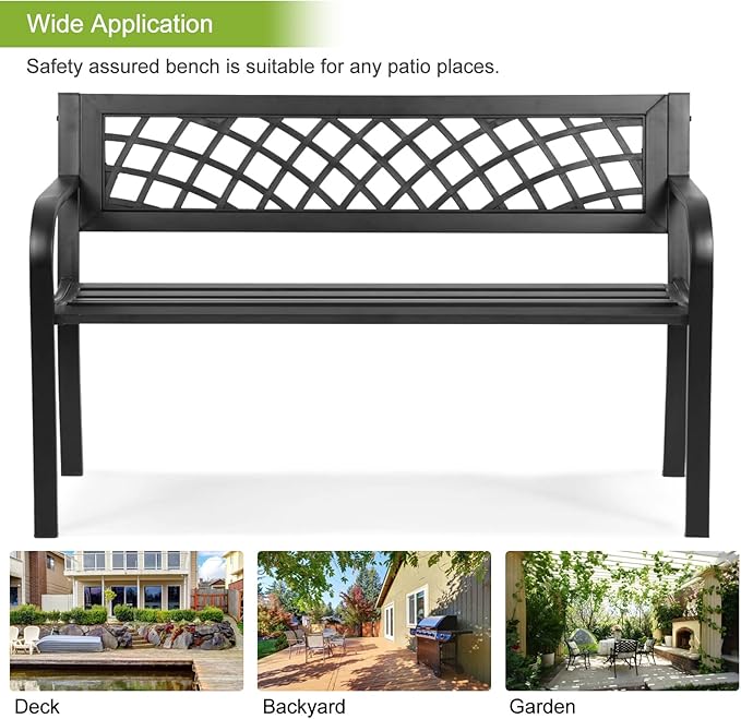 BSTOPHKL Outdoor Bench, Patio Garden Bench for Outside Steel Frame Patio Metal Bench for Porch, Lawn, Balcony, Backyard, Poolside, Outside Decor Furniture, Black