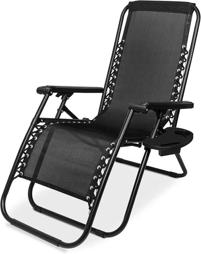 SZHLUX 1 PCS Adjustable Steel Mesh Zero Gravity Lounge Chair Recliners W/Pillows and Cup Holder Trays - Black - Photo 1