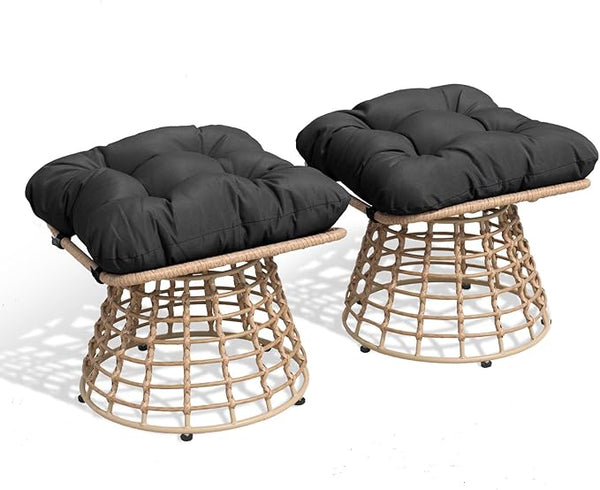 2 Pieces Swivel Outdoor Ottomans for Patio Foot Rest, PE Rattan Wicker Ottoman with Cushions - Photo 1