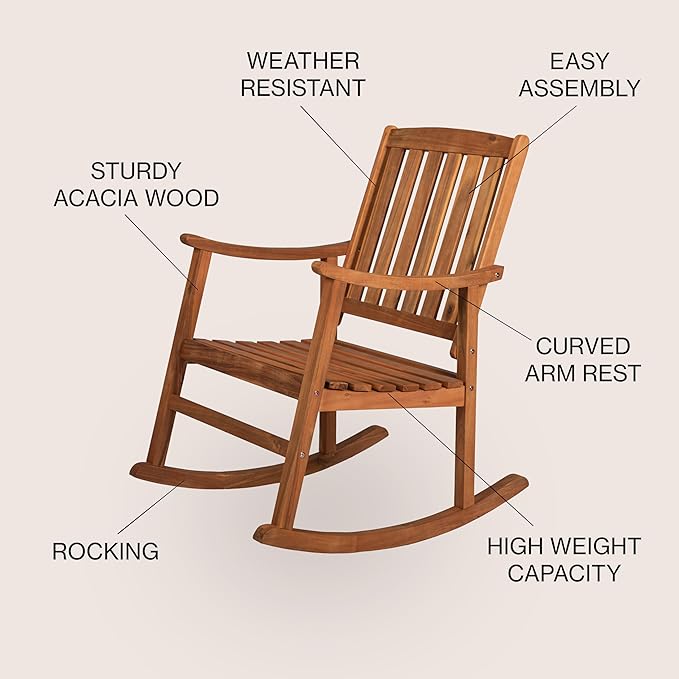 JONATHAN Y RCK102A Penny Classic Slat-Back 300-Lbs Support Acacia Wood Patio Outdoor Rocking Chair for Garden, Lawn, Backyard, Pool, Deck, Beach, Firepit, Teak