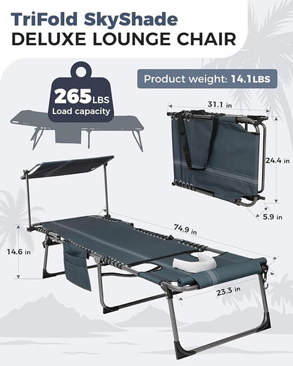 KingCamp Tanning Chair with Face Hole, Lounge Chairs Outdoor Folding Comfy Adjustable 5-Position Foldable Chaise Chaser with Canopy Shade for Outside Beach Patio, Blue/Grey