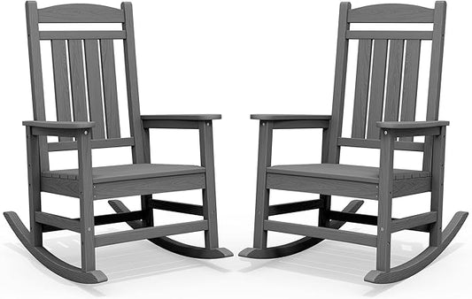 SERWALL Outdoor Rocking Chair Set of 2, HDPE Patio Rocking Chair, All-Weather Porch Rocker for Balcony, Yard, Dark Gray
