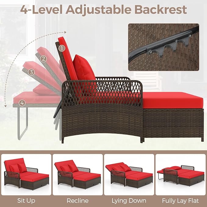 LDAILY Moccha Outdoor Daybed, PE Rattan Double Chaise Lounge w/ 4-Level Adjustable Back, Storage Ottoman, Cushions & Pillows, Separated Seating, Wicker Sunbed for Garden Patio Furniture Set (Red)