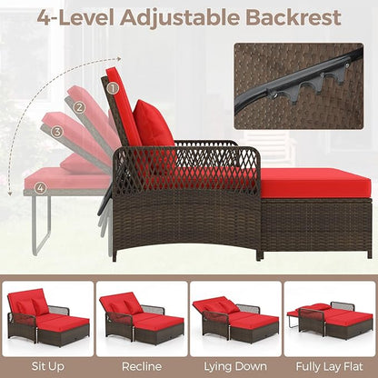 LDAILY Moccha Outdoor Daybed, PE Rattan Double Chaise Lounge w/ 4-Level Adjustable Back, Storage Ottoman, Cushions & Pillows, Separated Seating, Wicker Sunbed for Garden Patio Furniture Set (Red)