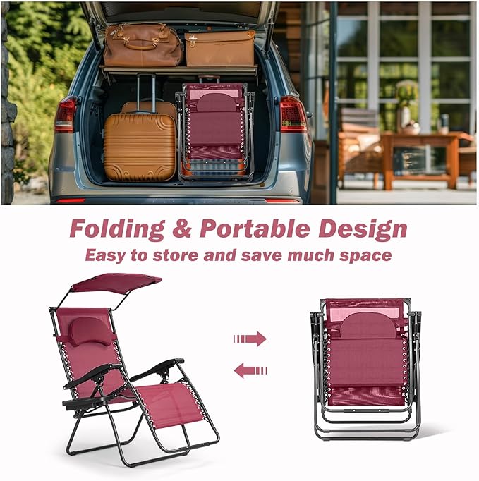 Goplus Zero Gravity Chairs, X-Large Folding Lounge Lawn Chair w/Canopy Shade & Cup Holder - Photo 7