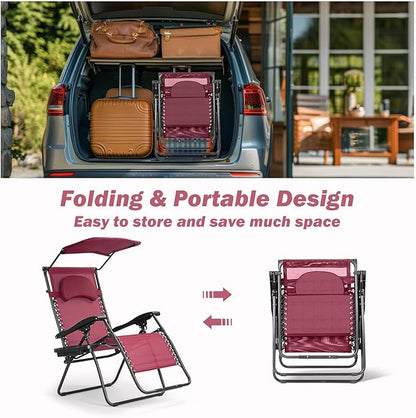 Goplus Zero Gravity Chairs, X-Large Folding Lounge Lawn Chair w/Canopy Shade & Cup Holder, Adjustable Folding Patio Recliner for Pool Porch Deck Oversize (Wine)