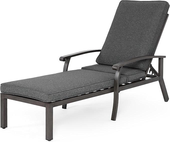 HOMEFUN Outdoor Chaise Lounge Chair, Hand-Brushed Wood Grain Cast Aluminum Reclining Lounger with Cushion - Photo 1