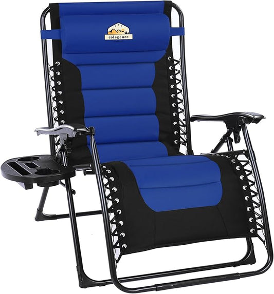 Oversized Padded Zero Gravity Lounge Chair, Foldable Patio Anti Gravity Reclining Chairs Folding Lawn Recliner with Cup Holder for Yard, Camping, Outdoor, Support 350 LBS, Blue