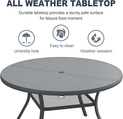 VICLLAX Round Patio Dining Table, 4-6 Person Aluminum Outdoor Dining Table with Umbrella Hole and Storage Shelf for Garden Lawn Deck, 47.2" Dark Grey