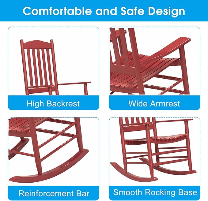 D&F Design Outdoor Rocking Rocker, Wood Rocking Chair with High Back and Curved Seat, UV Treated (Red), Outdoor and Indoor use