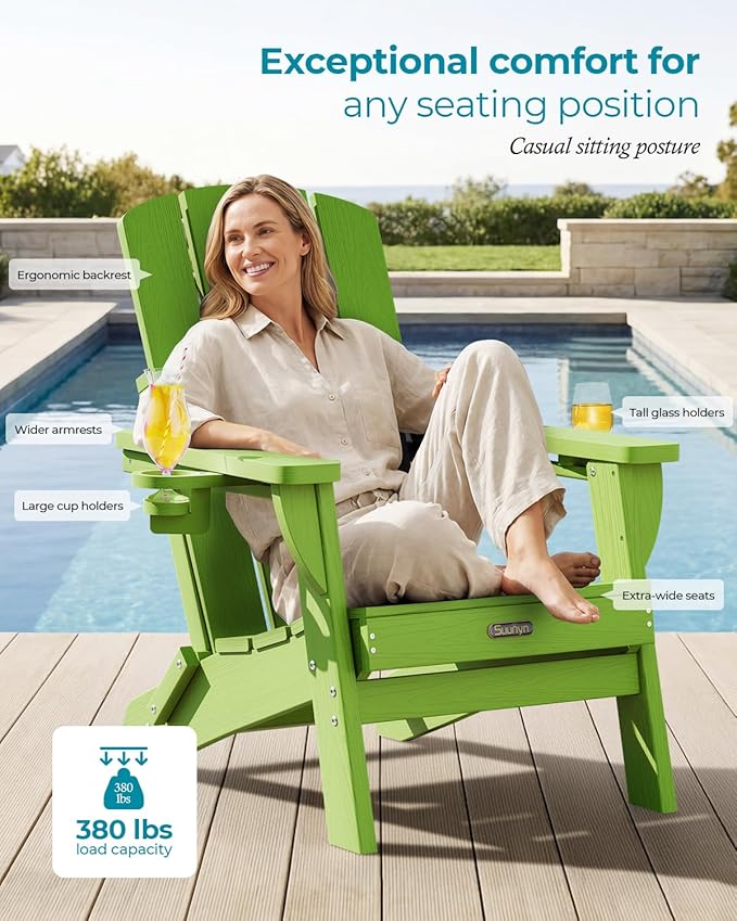 Folding Adirondack Chair, HDPE All-Weather Fire Pit Chairs, Plastic Adirondack Chairs with 2 Cup Holder, Outdoor Lawn Chair for Patio Garden (Light Green)