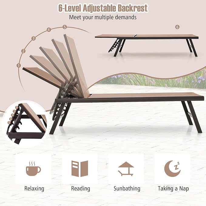 Tangkula 3 Piece Patio Chaise Lounge Set, Aluminum Patio Recliner with Coffee Table, 6-Level Backrest Adjustment - Photo 5