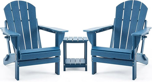Folding Adirondack Chair Set with Side Table - HDPE Outdoor Patio Chairs, Weatherproof Chair with Reclining Back, Cup & Phone Holder, and 2-Tier Storage End Table for Firepit or Garden (Blue)