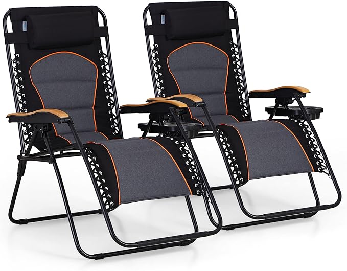 PHI VILLA XXL Oversized Padded Zero Gravity Chair Set of 2, Foldable Patio Recliner, 30" Wide Seat Anti Gravity Lounger with Armrest and Cup Holder, Support 400 LBS (Black & Orange Accents)