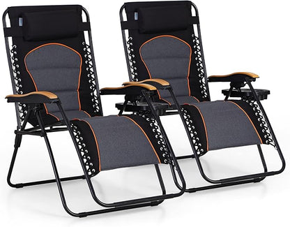 PHI VILLA XXL Oversized Padded Zero Gravity Chair Set of 2, Foldable Patio Recliner, 30" Wide Seat Anti Gravity Lounger with Armrest and Cup Holder, Support 400 LBS (Black & Orange Accents)