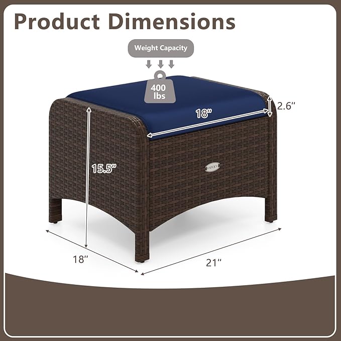 RELAX4LIFE Wicker Outdoor Ottomans for Patio - Set of 2 Rattan Footstools w/Removable Cushions - Photo 3