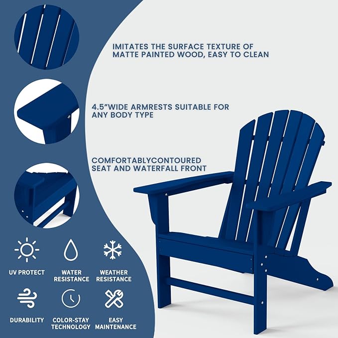 Farmhouse Adirondack Chair Set of 6, Poly Lumber Patio Chairs, Pre-Assembled Weather Resistant Outdoor Chairs for Pool, Deck, Backyard, Garden, Fire Pit Seating, Navy
