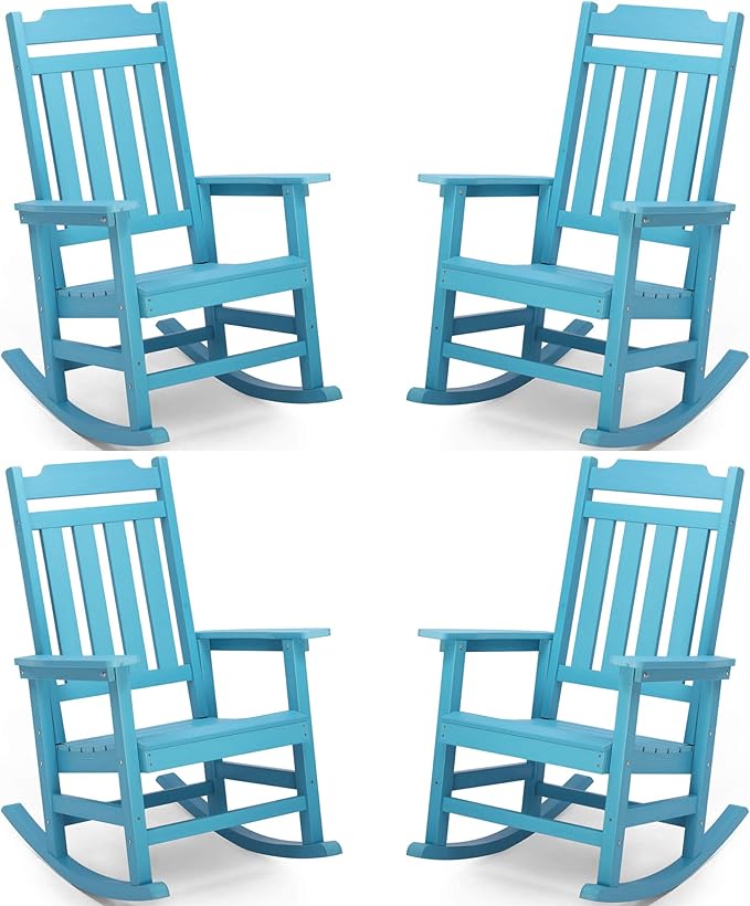 Rocking Chairs Set of 4, All Weather Resistant Poly Lumber Outdoor Porch Rocker, Rocking Chairs for Outdoor, Indoor, Patio, Deck, Garden, Backyard, Load Bearing 380 lbs - Lake Blue