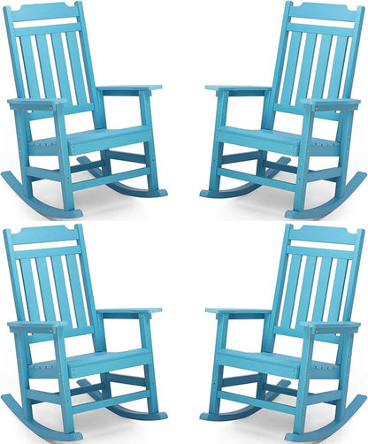 Rocking Chairs Set of 4, All Weather Resistant Poly Lumber Outdoor Porch Rocker, Rocking Chairs for Outdoor, Indoor, Patio, Deck, Garden, Backyard, Load Bearing 380 lbs - Lake Blue