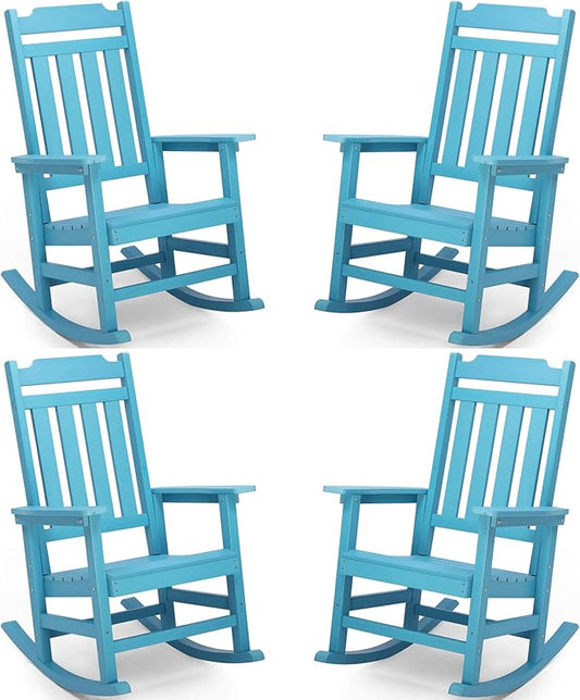 Rocking Chairs Set of 4, All Weather Resistant Poly Lumber Outdoor Porch Rocker, Rocking Chairs for Outdoor, Indoor, Patio, Deck, Garden, Backyard, Load Bearing 380 lbs - Lake Blue